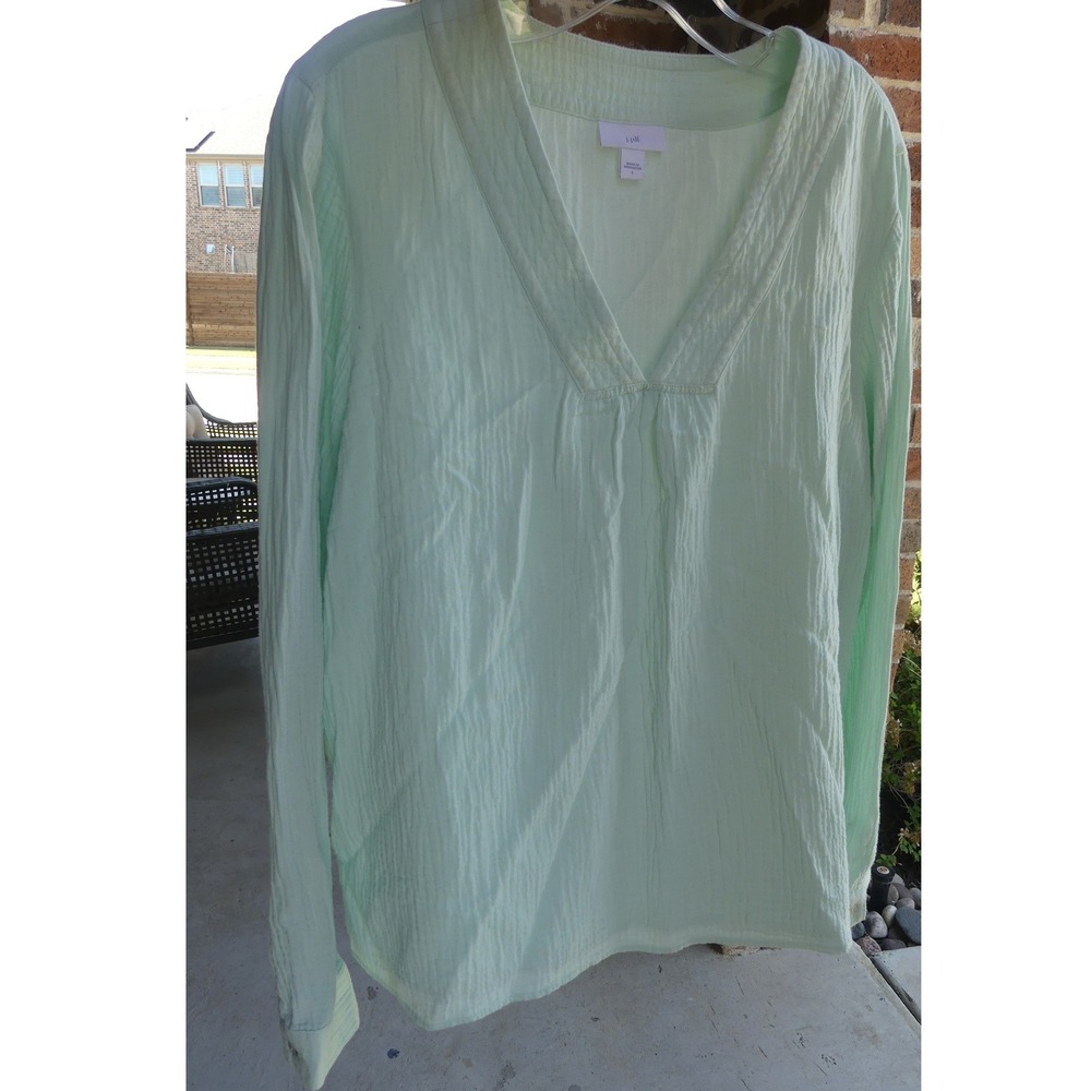 J. Jill Pale Blue Double Gauze Cotton V-Neck Top Size Large Long Sleeve Crinkle